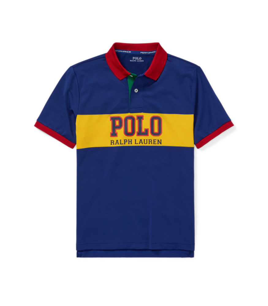 Polo Ralph Lauren Blue With Yellow Polo Chest Stripe And Red Collar Performance Polo Shirt